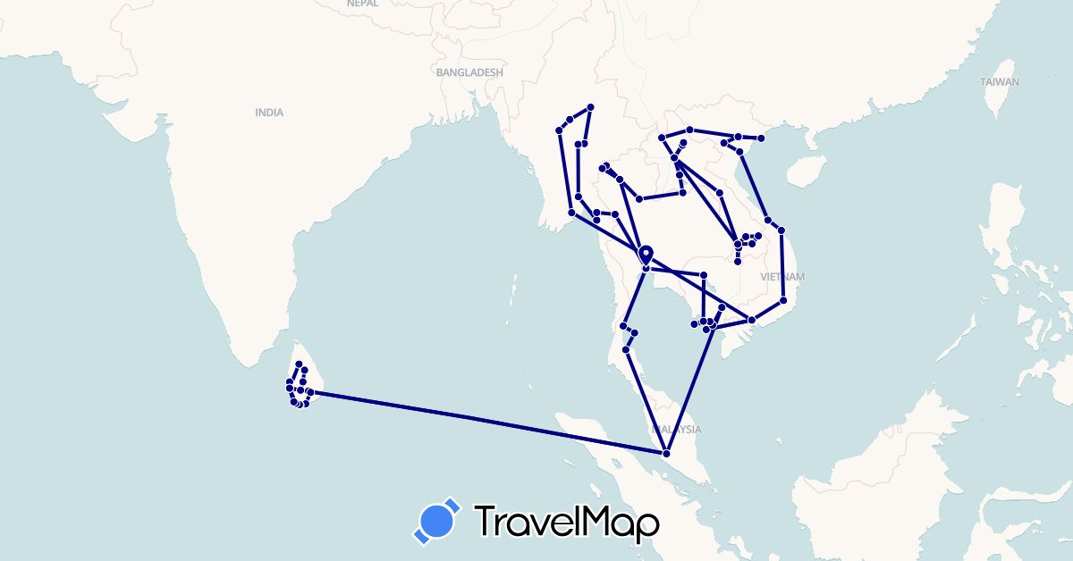 TravelMap itinerary: driving in Cambodia, Laos, Sri Lanka, Myanmar (Burma), Malaysia, Thailand, Vietnam (Asia)